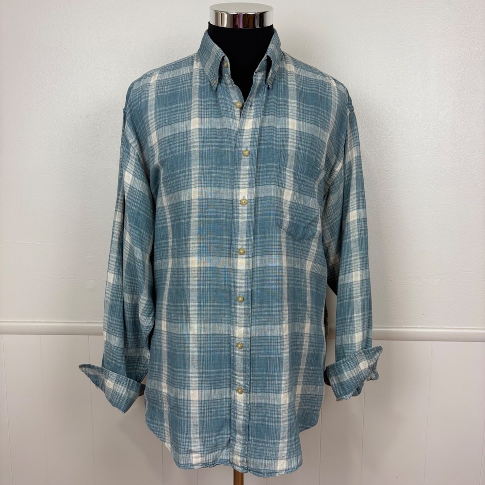 Evergreen Men's Vtg Linen Button Up Shirt Size LL Blue/Beige Plaid Breathable
